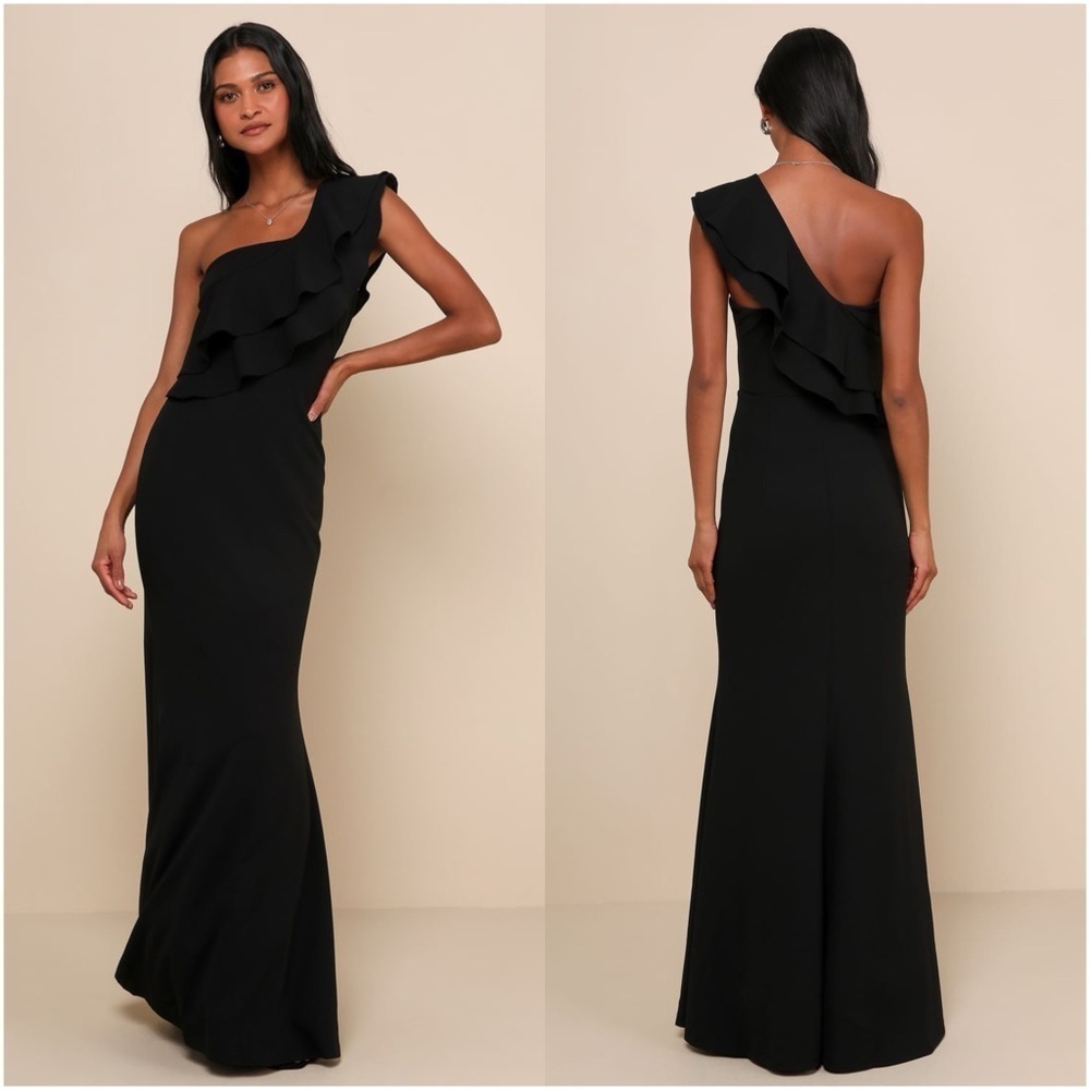 LULU’S Grand Beauty Black Ruffled One-Shoulder Mermaid Maxi Dress